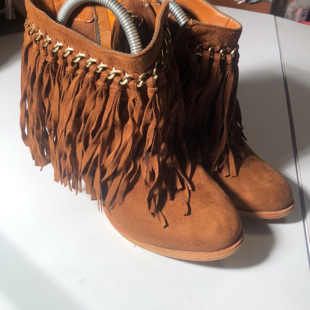 Pierre Duma fall shaggy brown ankle wedge heeled fringe boots